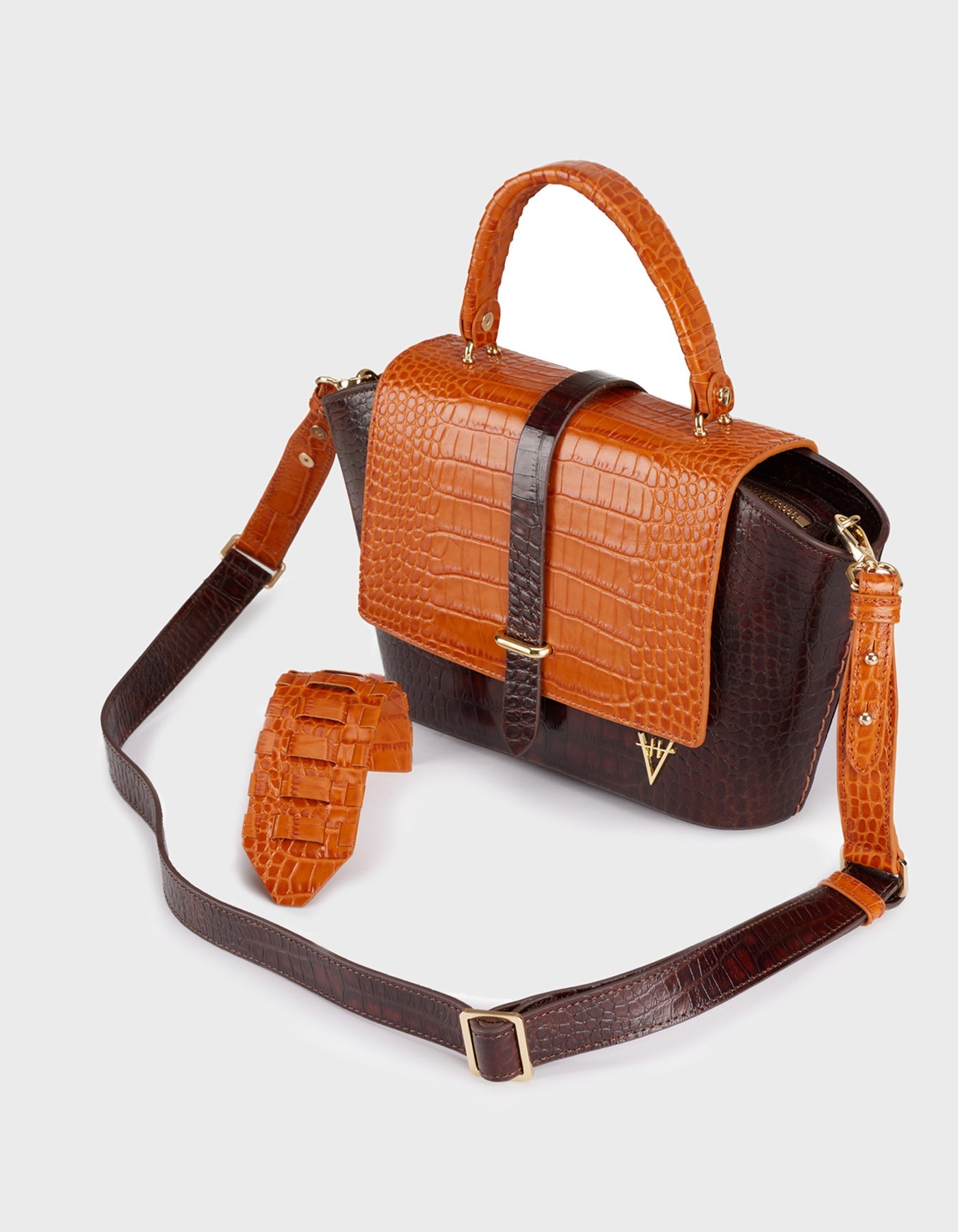 HiVa Atelier | Ventus Shoulder Bag Croco Effect Chocolate & Burnt Orange | Beautiful and Versatile Leather Accessories