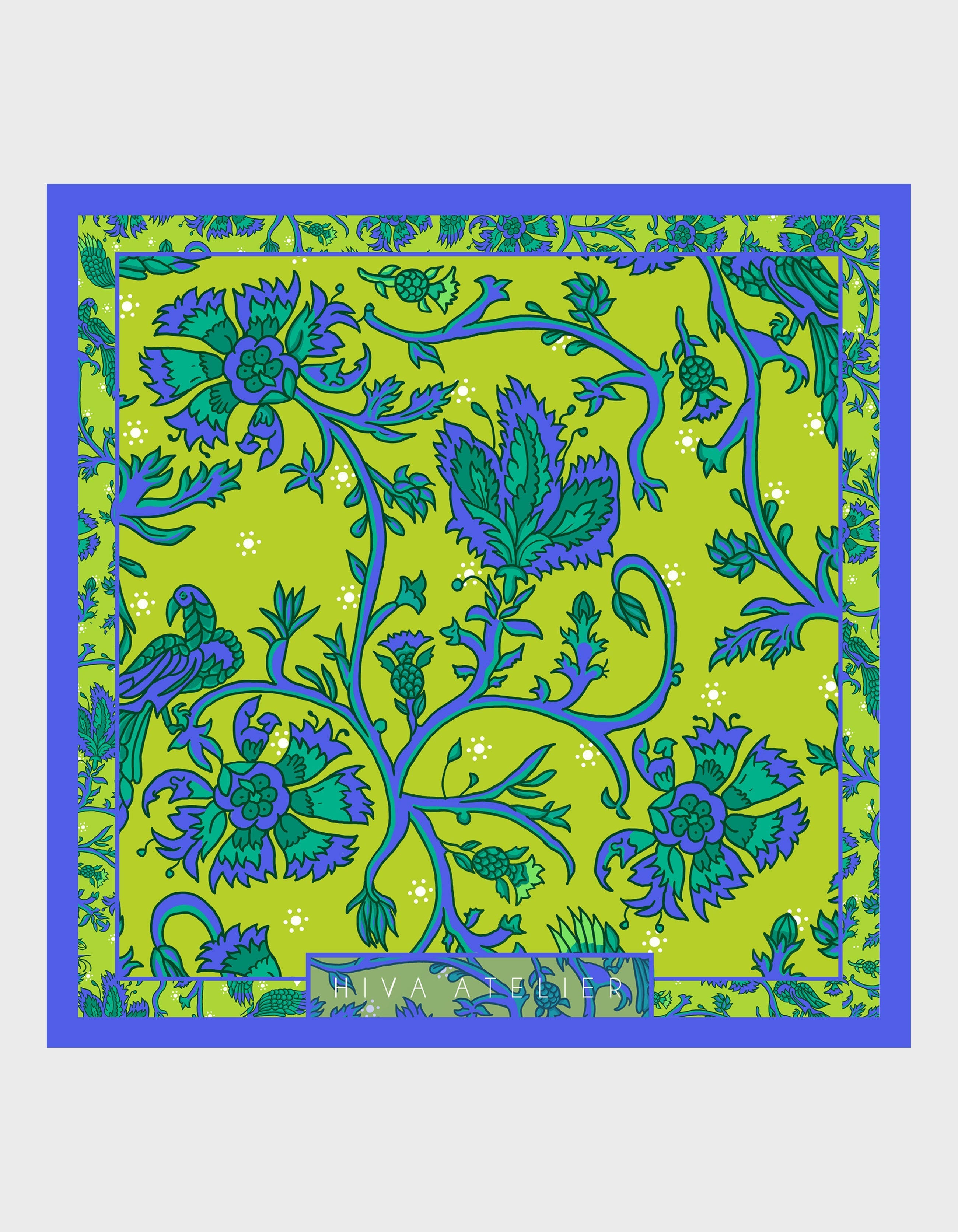 HiVa Atelier | Hiva Silk Scarf 50 X 50 CM Refurnished Vintage Flower - Algae Green & Sodalite Blue | Her Tarza Uygun Deri Aksesuarlar