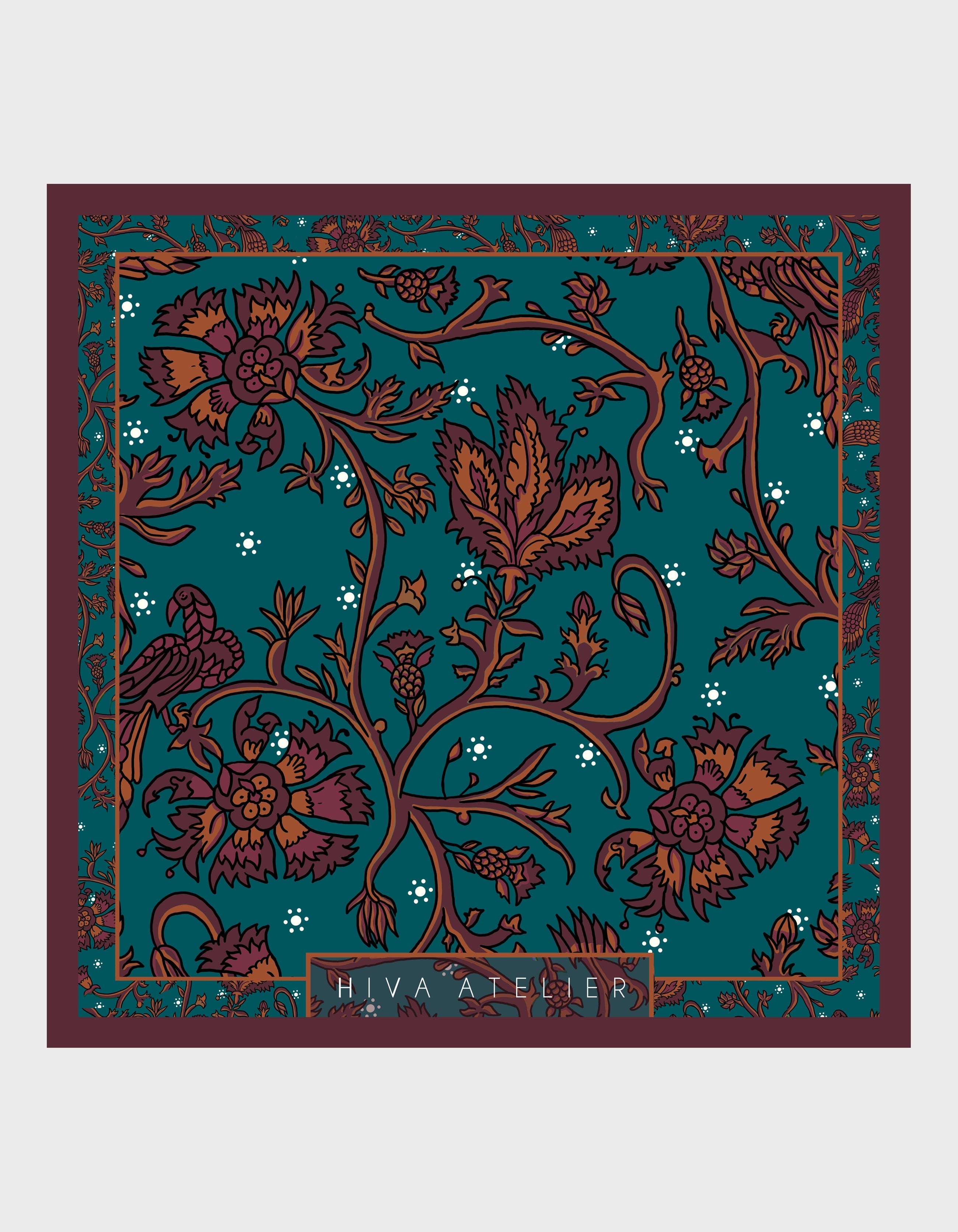 HiVa Atelier | Hiva Silk Scarf 50 X 50 CM Refurnished Vintage Flower - Verdigris & Wine & Bombay Brown | Her Tarza Uygun Deri Aksesuarlar