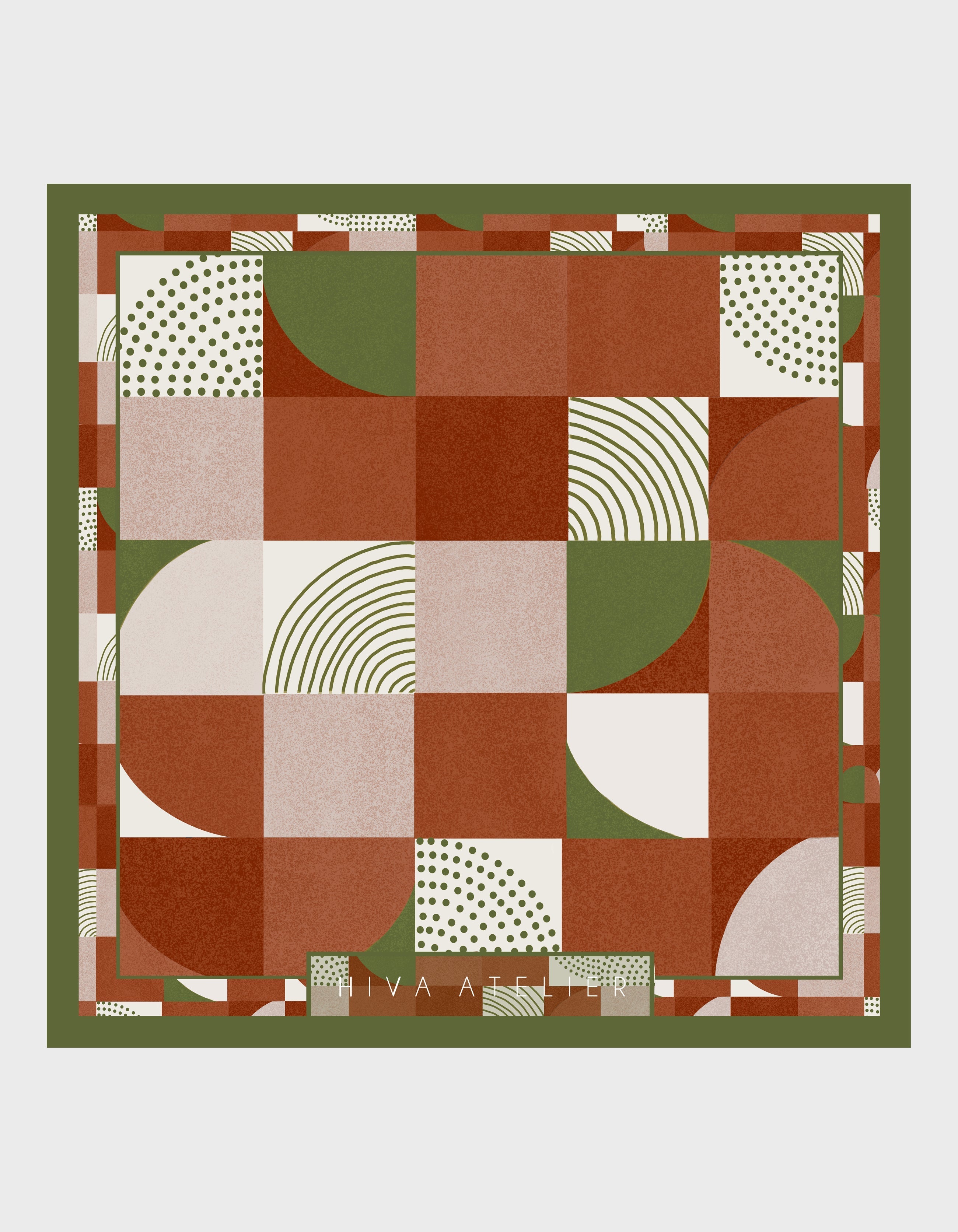 HiVa Atelier | Hiva Silk Scarf 50 X 50 CM Geometric Trickery - Burnt Orange & Olive | Her Tarza Uygun Deri Aksesuarlar