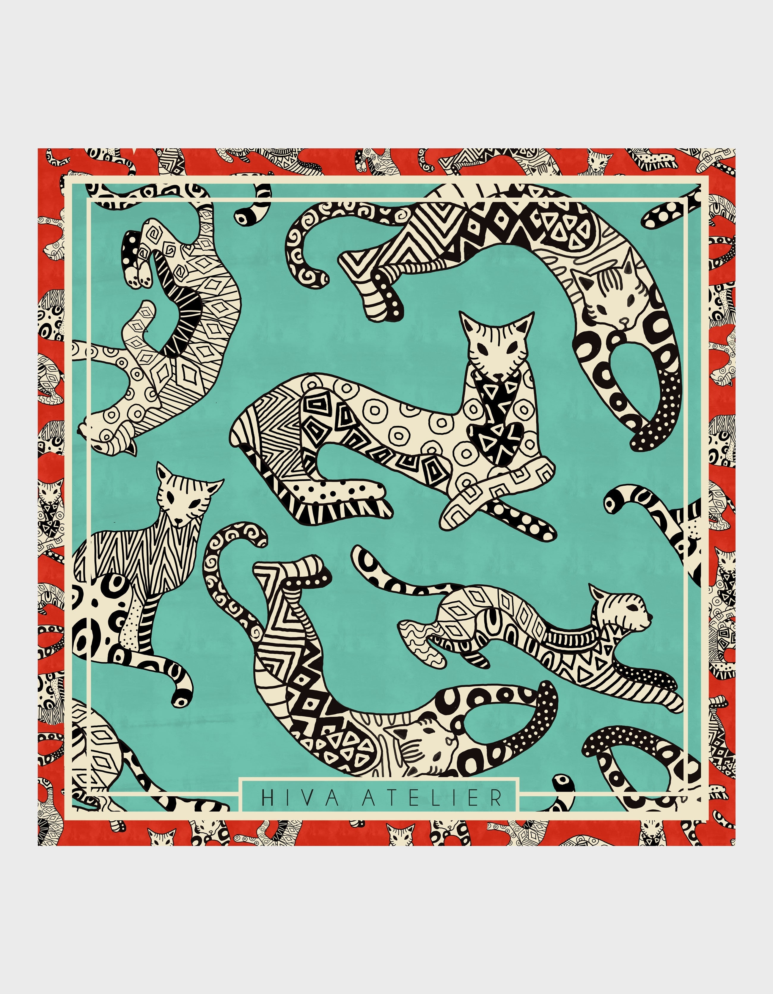 HiVa Atelier | Hiva Silk Scarf 50 X 50 CM Geometric Cat - Mint & Black & Beige | Her Tarza Uygun Deri Aksesuarlar